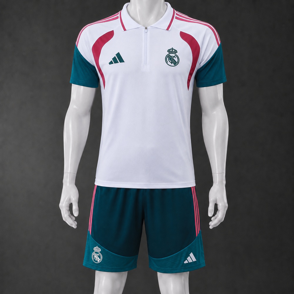 Real Madrid 26/27 White Teal Red  Polo/Pants Kit