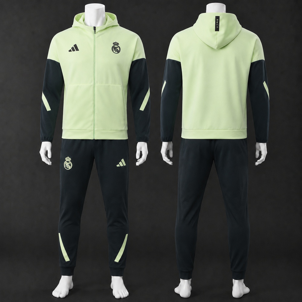 Real Madrid 25/26 Light Green Black Hooded Jacket Long Pants Tracksuit Set
