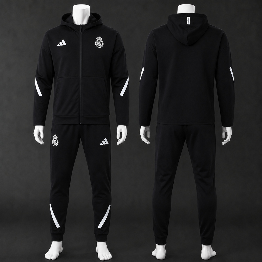 Real Madrid 25/26 Black White Hooded Jacket Long Pants Tracksuit Set