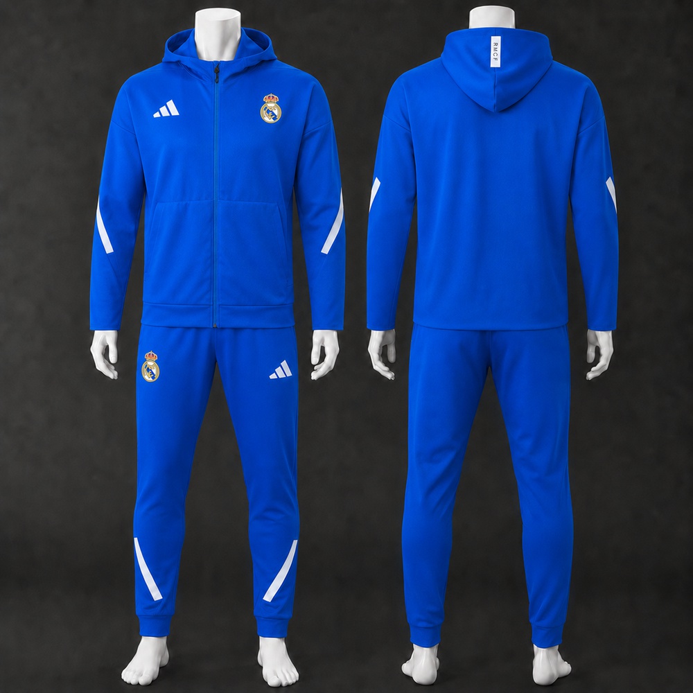 Real Madrid 25/26 Bright Blue White Hooded Jacket Long Pants Tracksuit Set