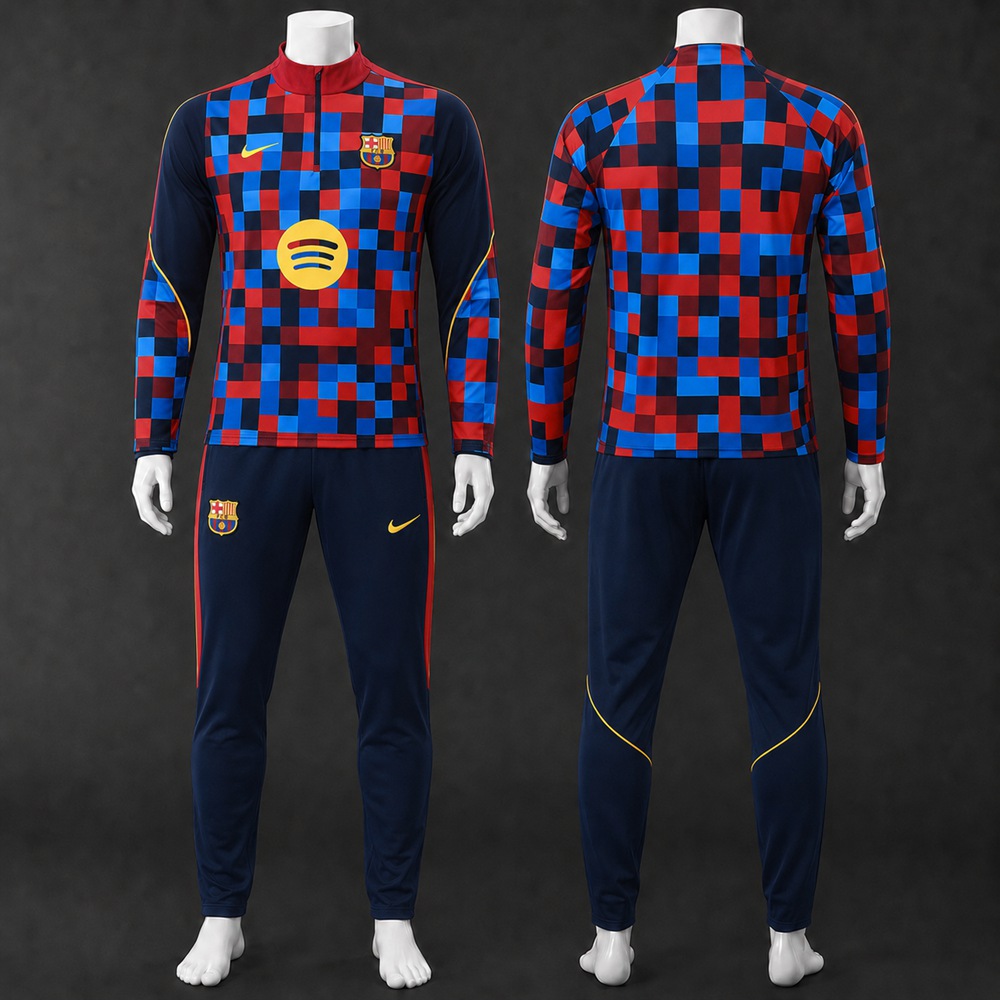 Barcelona 26/27 Red Blue Check Printed Half Zip Tracksuit