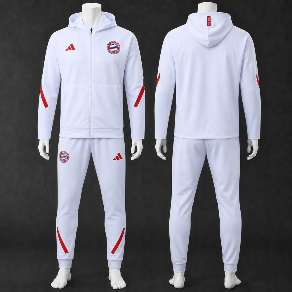 Bayern Munich 25/26 White Red Hooded Jacket Long Pants Tracksuit Set