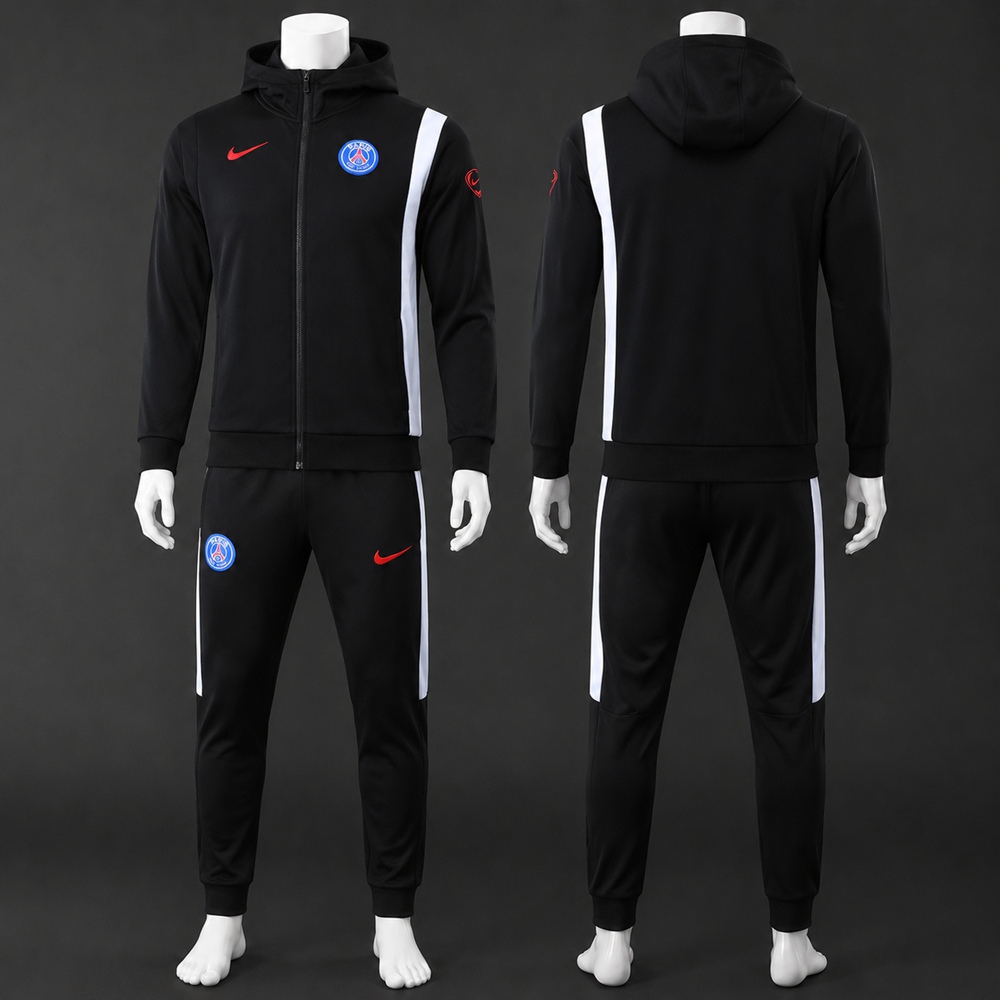 PSG 25/26 Black White Hooded Jacket Long Pants Tracksuit Set