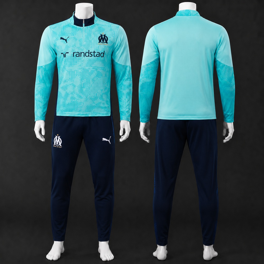 Olympique de Marseille 25/26 Light Cyan Printed Navy Half Zip Tracksuit