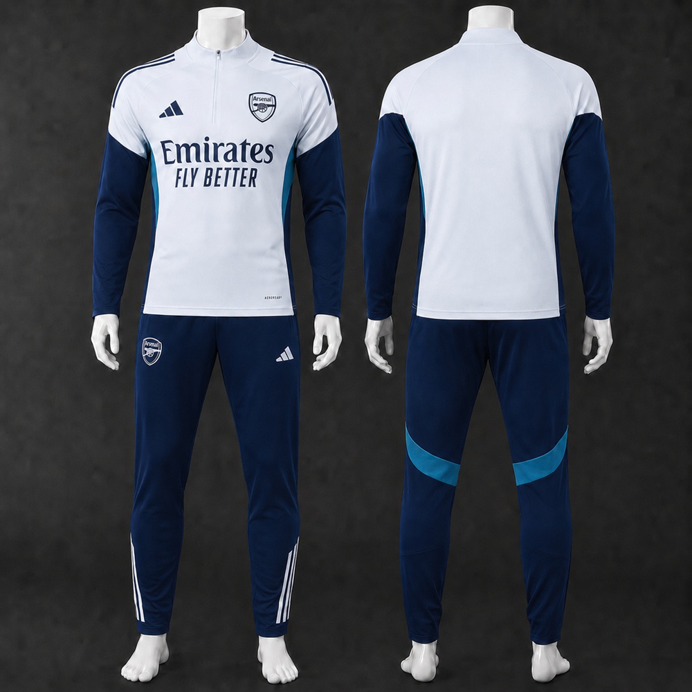 Arsenal 25/26 White Navy Teal Half Zip Tracksuit