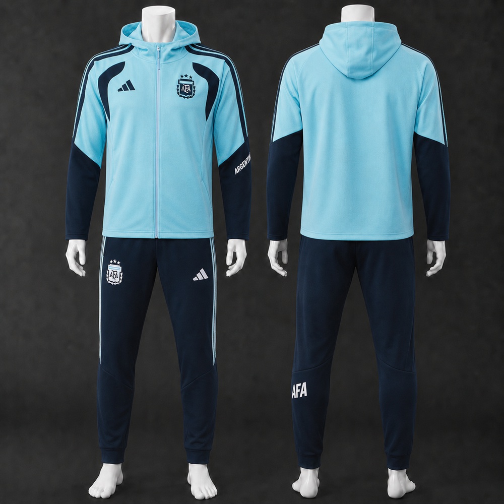 Argentina 26/27 Light Blue Navy Hooded Jacket Long Pants Tracksuit Set