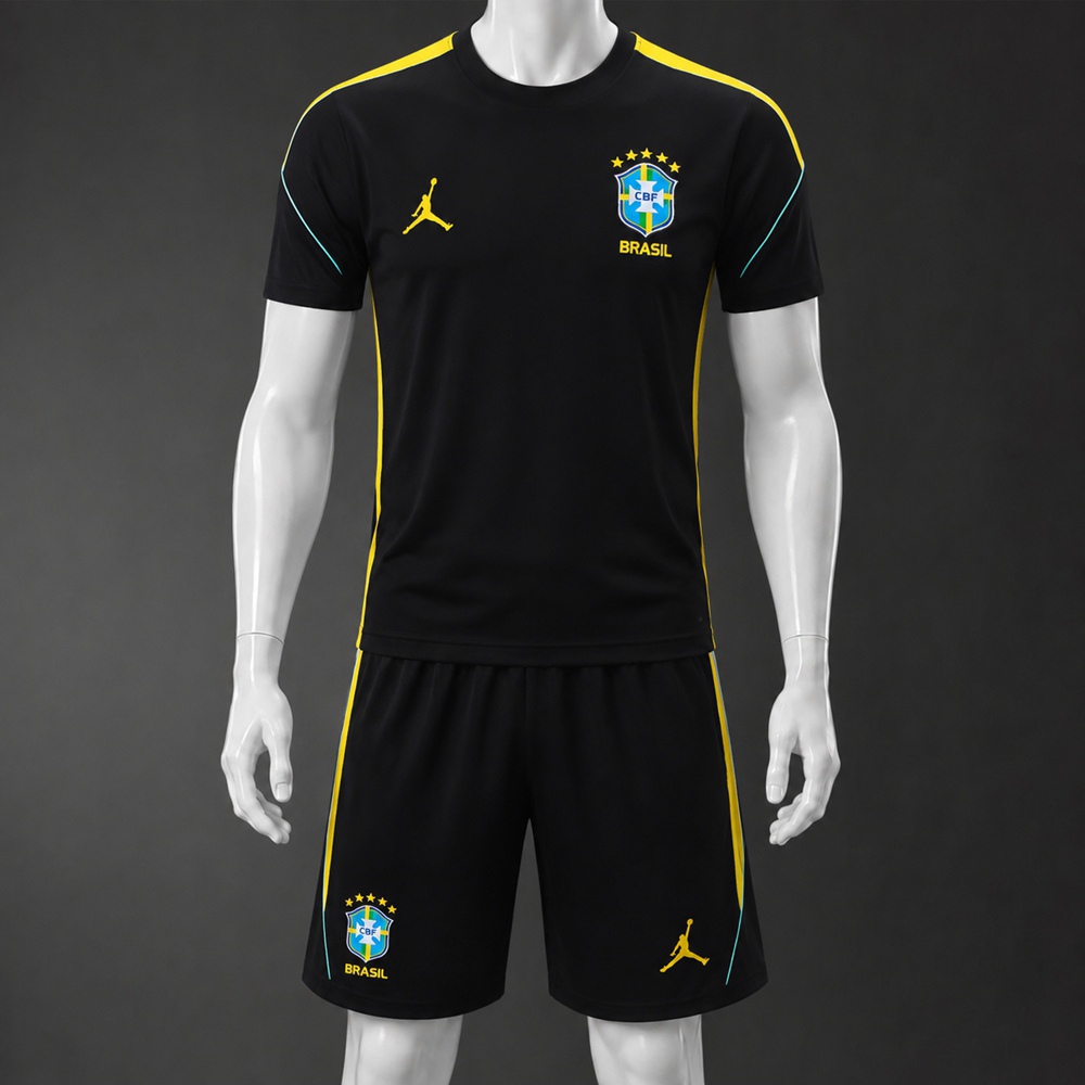 Brazil 26/27 Black Yellow Short Sleeve Short Set