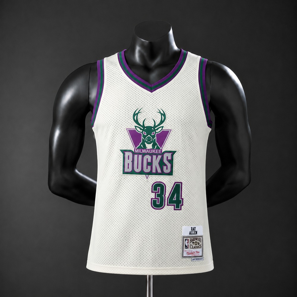 Milwaukee Bucks Hardwood Classics Ray Allen #34 NBA Jersey Embroidered Version
